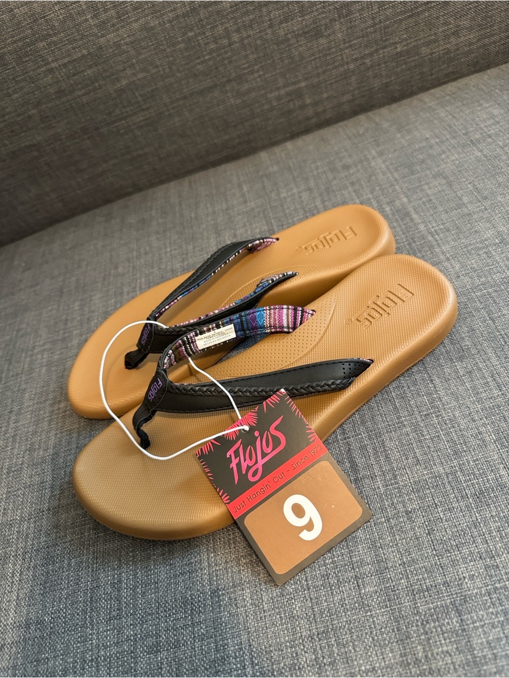 Flojos Tan Footbed Flip Flops with Black Straps